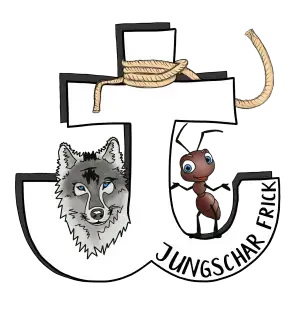 Hier sieht man das Logo der Jungschar Frick. Darauf ist eine Wolf, Ameise und Anker zusehen.